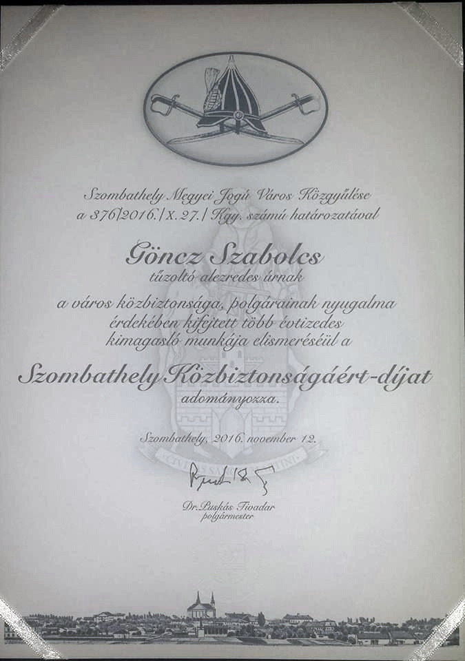 Szombathely Közbiztonságáért díj (Fotó: Göncz Szabolcs Facebook oldala)