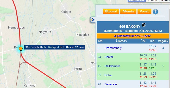 A baleset miatt Boba állomáson veszteglő Bakony IC a MÁV térképén