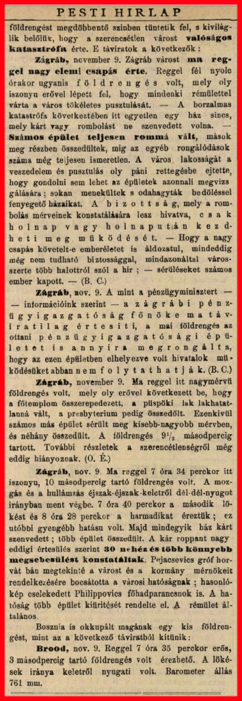 Távirati jelentéseK a zágrábi földrengésről 1880-ból, a Pesti Hírlapban