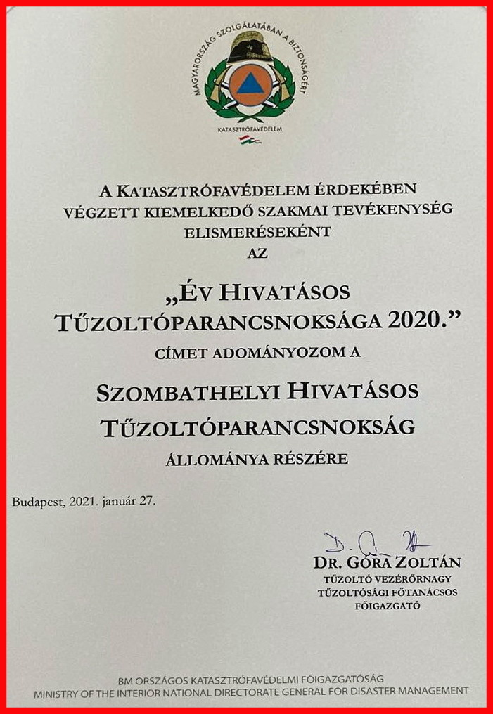 Elismerést kapott a Szombathelyi Hivatásos Tűzoltó-parancsnokság