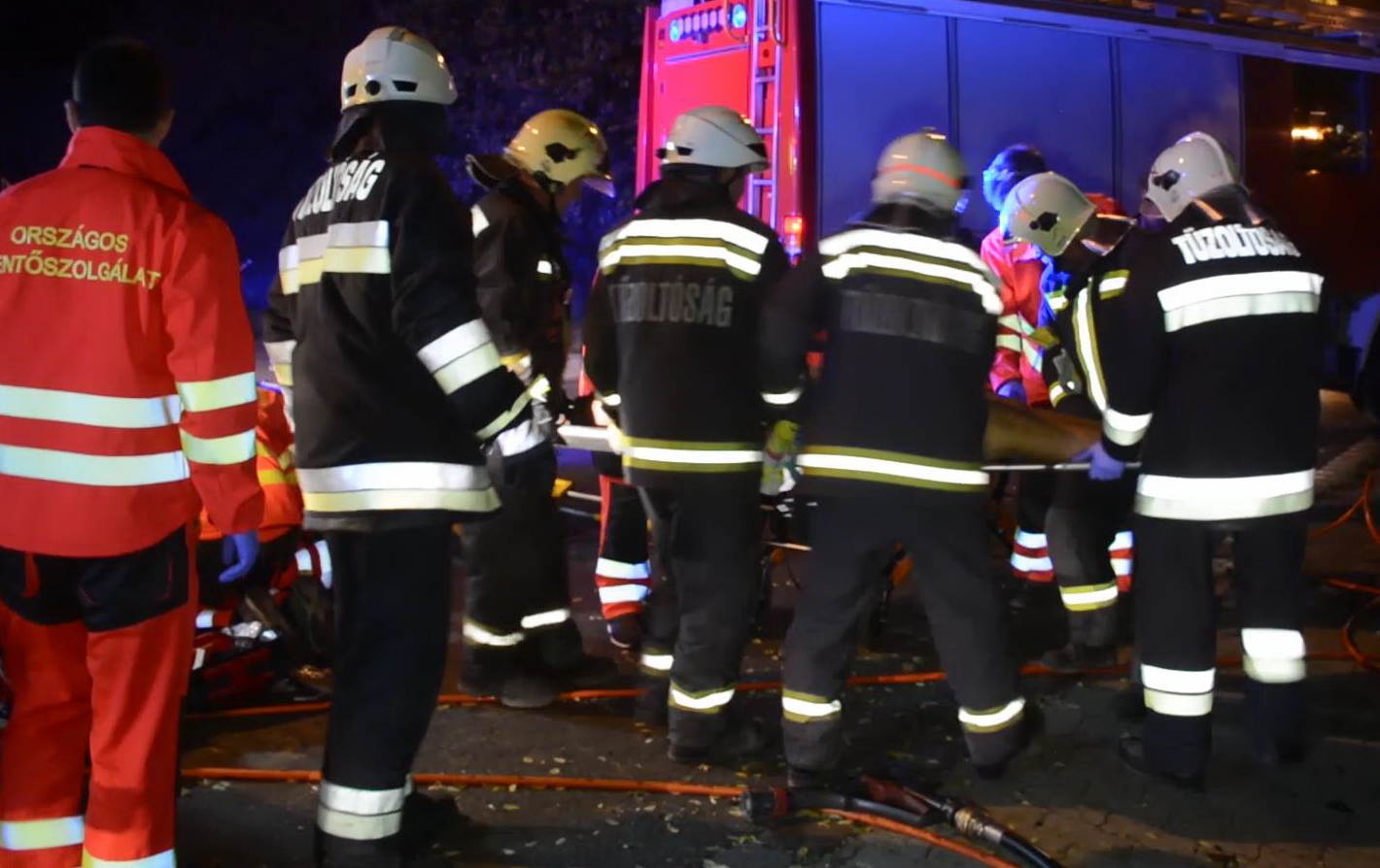 Sérültek kiszabadítása fának ütközött autóból a budapesti Pesti úton - Fotó: BM OKF