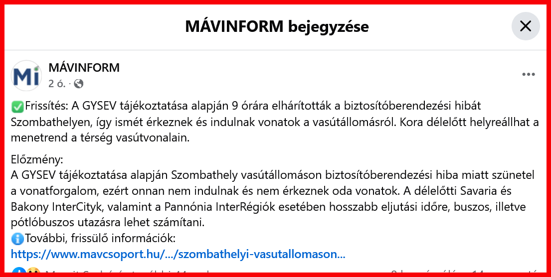 A MÁV-csoport közleménye