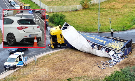 Megcsúszott a vizes úton és Alfa Romeo-t perdített a körforgalomba berobogó Renault kamion Szombathelyen